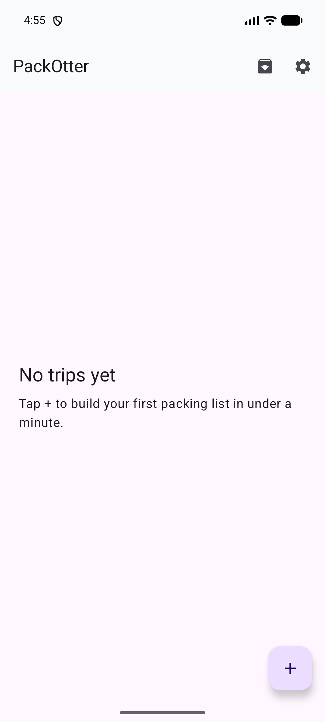PackOtter home screen showing trip list